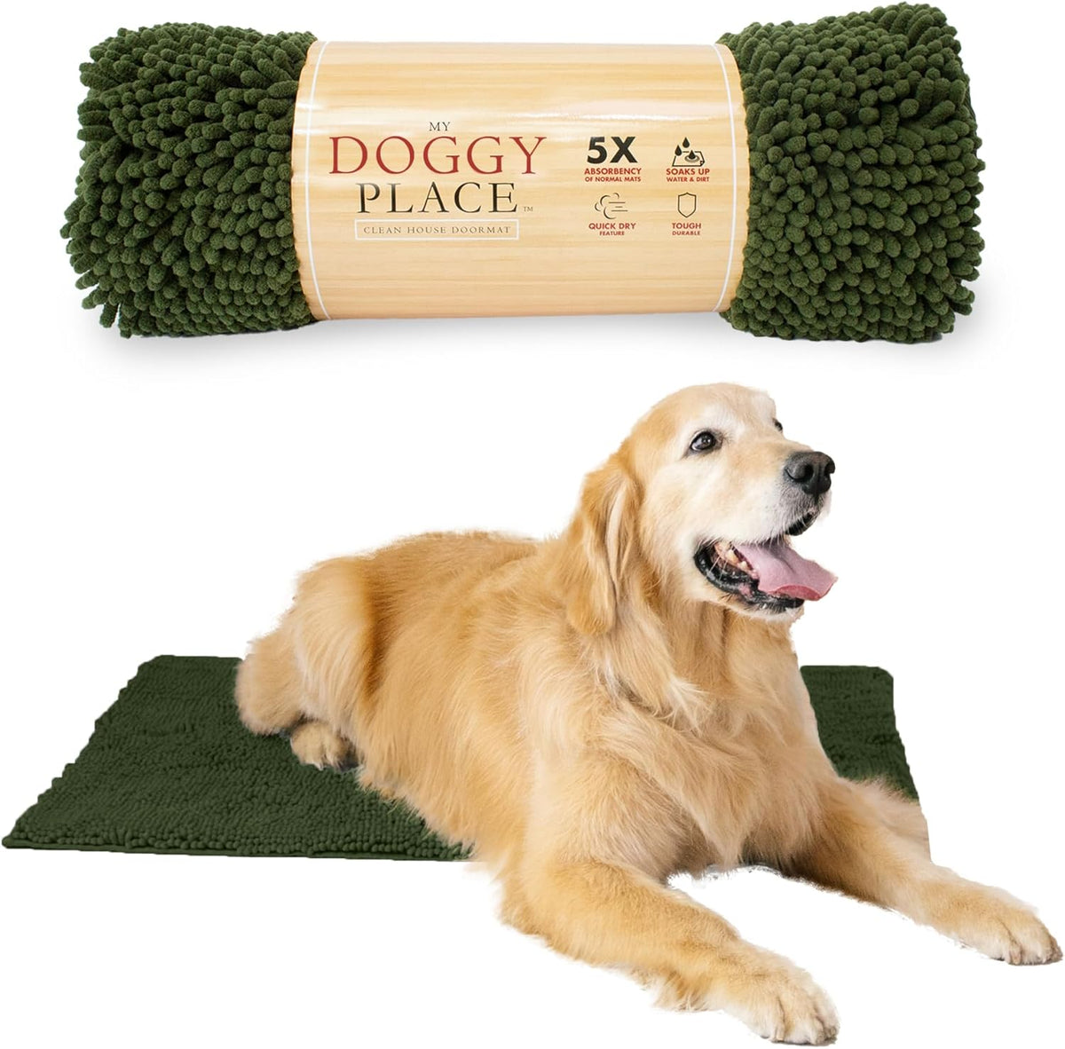 My Doggy Place Microfiber Dog Mat for Muddy Paws, 36" x 26" Chive - Absorbent and Quick-Drying Dog Paw Cleaning Mat, Washer and Dryer Safe - Non-Slip Rubber Backed Dog Floor Mat, Large