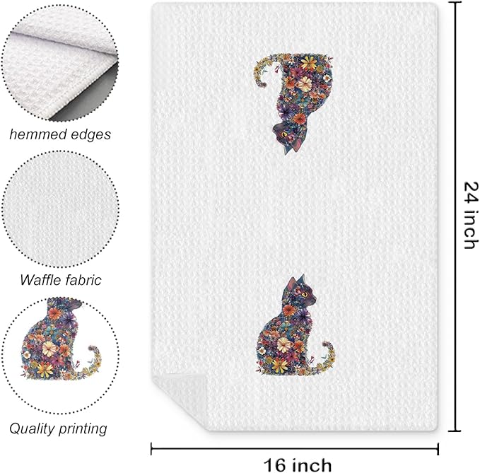 Flower Cat Kitchen Towel, Floral Cat Hand Towel for Bathroom Decor, Kitten Dish Tea Towel for Kitchen Decor, Pet Gifts for Kitten Lovers Women Girls, 16x24 Inches