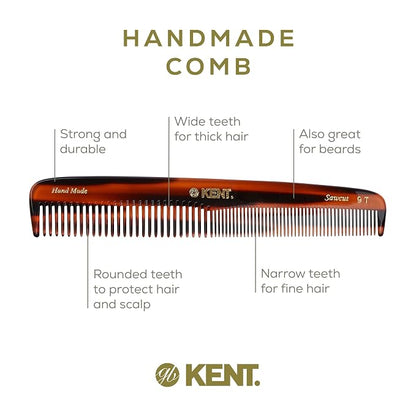 Kent 9T Tortoiseshell Fine and Wide Tooth Comb - Large Handmade and Saw-Cut Detangler for Wet Hair - Durable Grooming for Men and Women - Made in England