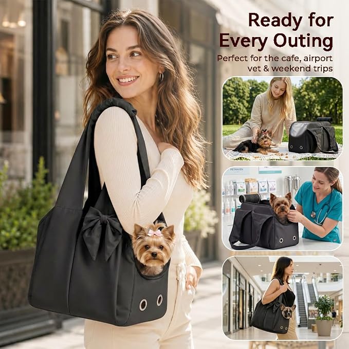 Fashion Dog Purse Carrier for Small Dogs, Soft-Sided Dog Bag Carrier with 4 Large Pockets, No Collapse, Lightweight, Smart Zipper Lock, Puppy Tote Bag for Cats Rabbit Carrier for Travel(Black)