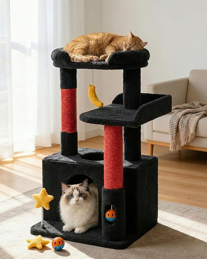 32In Cute Cat Tower for Indoor Cats with Cat Condo, Plush Platform, Hammock, Sisal Scratching Posts, Dangling Ball, Tall Cat Tree Tower with Self-Grooming Brush (Jet Black)
