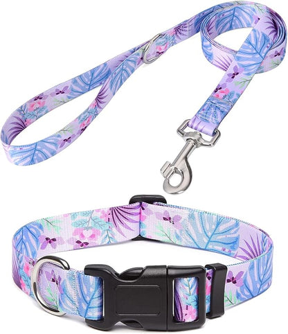 Dog Collar and Leash Set with Bohemia Floral Tribal Geometric Patterns - Soft Ethnic Style Collar Adjustable for Small Medium Large Dogs(Purple Flower Flower Set,L)