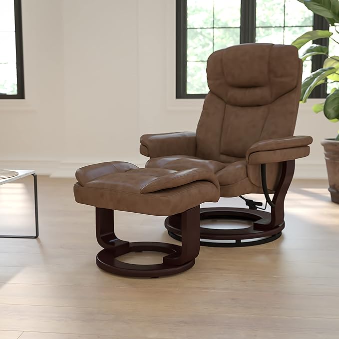 Flash Furniture Allie LeatherSoft Upholstered Recliner with Footrest, Arms, and Headrest, Padded Swivel Recliner Chair and Ottoman Set, Palimino