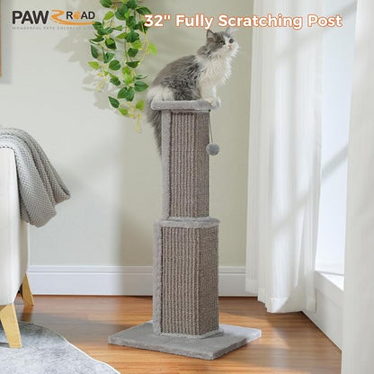 PAWZ Road Large Cat Scratching Post 32” Tall Scratching Post for Indoor Cats Adults Ultimate Scratch Post with Woven Sisal, Large Base and Removable Dangling Ball- Grey