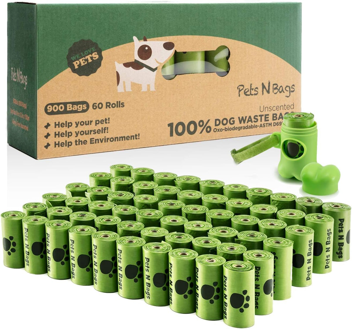 Dog Waste Poop Bags, Dog Bags for Poop, Refill Rolls (60 Rolls / 900 Count, Unscented), Includes Dispenser