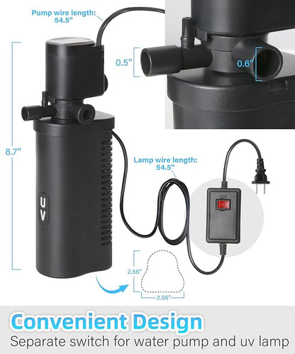 COOSPIDER Aquarium Filter U-Very Suitable for 10-45 Gallon Tank, 158GPH Small Fish Tank Filters for Green Control, Powerful Internal Submersible Pump for Turtle Tank, Air Supply & Oxygen Enhancement