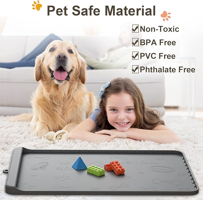 Dog Food Mat - Silicone Dog Mat for Food and Water - 28" x 20" Pet Feeding Mats with Residue Collection Pocket - Waterproof Dog Cat Bowl Mat with High Edges to Prevent Water Food Spills (Gray)