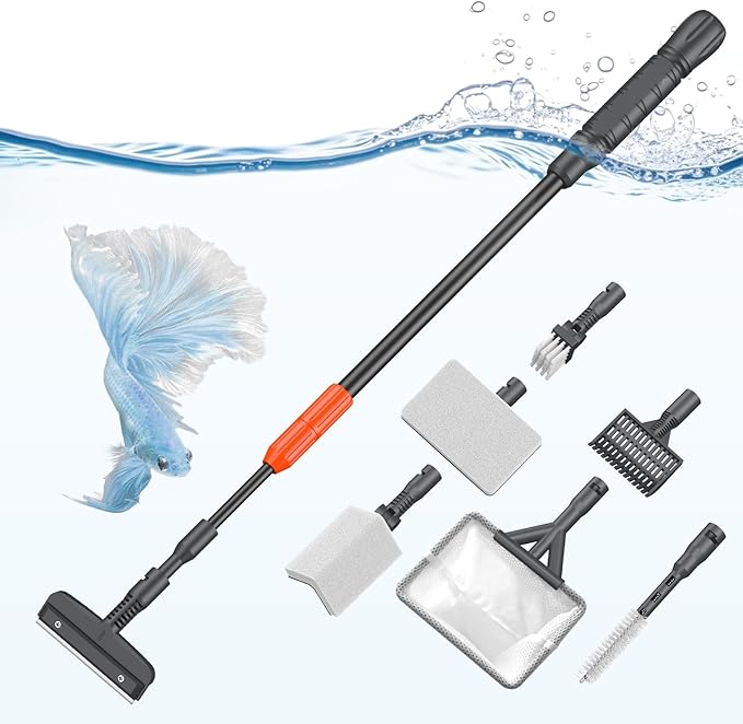 Pawfly Aquarium Cleaning Tools, 7 in 1 Fish Tank Cleaning Kit, Algae Scraper, Sponge Scrubber Pad, Brush, Gravel Rake & Fish Net with Adjustable Long Handle, Fish Tank Cleaner Set
