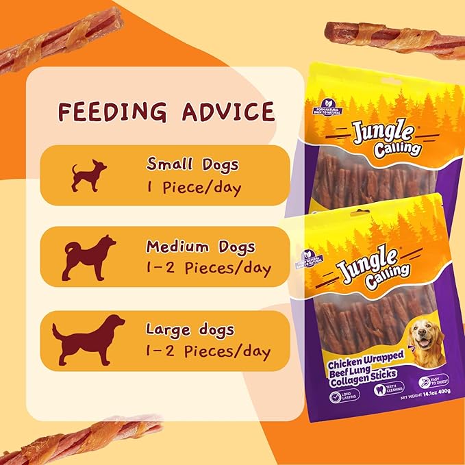Jungle Calling Dog Treats, Chicken Wrapped Collagen Sticks Chewy Treat, Beef Lung Flavor, Chews Stick for Small Medium Breed Dogs Chewers, Chew Snack Healthy Easy to Digest Teeth Cleaning,14.1 oz