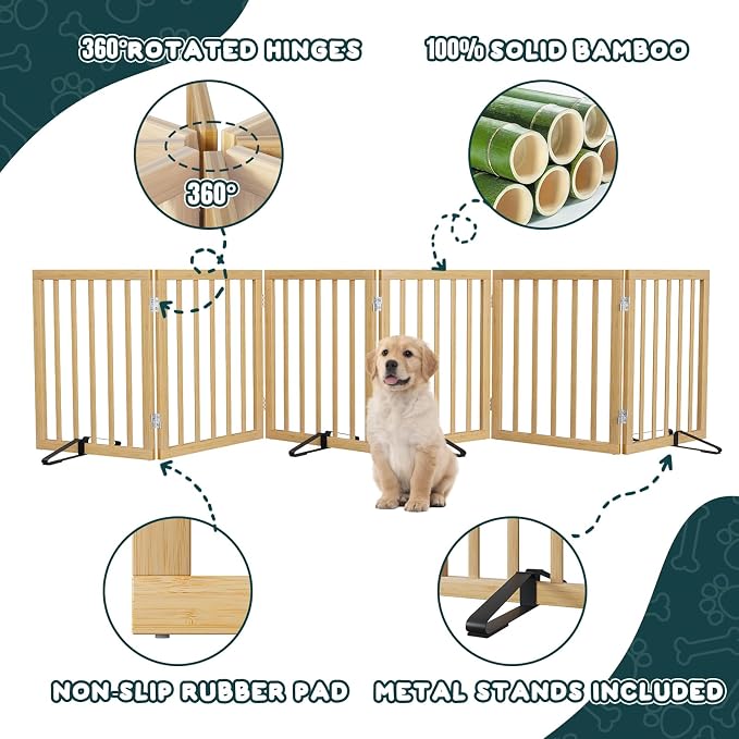 Semiocthome Bamboo Dog Gates for The House Extra Wide, 6-Panel Freestanding Pet Gates with 4PCS Metal Stands for Doorways and Stairs, 24“H Foldable Dog Fences Indoor, Expands Up to 9(ft) /110" (W)