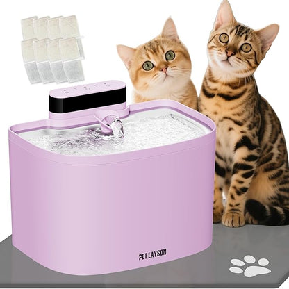 PET LAYSON Pumpless Cat Water Fountain,Cordless Fountains Battery Operated, 3.6L/122oz with Maglev Valve Technology Rechargeable Water Dispenser for Cat&Dog, 8 Filters,2 Nozzles(Pink01,M1-8 Filter)