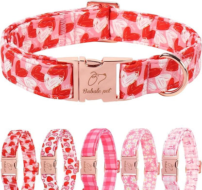 Valentines Dog Collar, Cute Pink Valentine Dog Collars, Doodle Heart Pattern, Adjustable Heavy Duty Pet Collar for Small Medium Large Dogs with Metal Buckle L