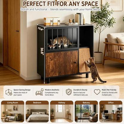 Dog Proof Cat Feeding Station with Storage Cabinet& 2 Stainless Steel Bowls, Elevated Cat Food Station with Scratching Board, Modern Wooden Cat House Furniture for Indoor Cats, Large Pet Cabinet