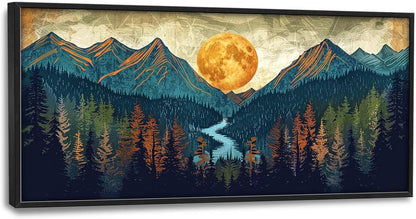 Quorin Boho Mountain Large Wall Art Mountain Landscape Pictures Moon Pine Tree Forest Lake Wall Decor Nature Canvas Print Painting Artwork for Bathroom Living Room Bedroom 60L x 30W