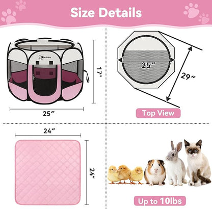 Sieidihit Dog Cat Playpen Tent Crate Cage with Washable Pee Pad, Small Pink | Pet Nursing Enclosure Camping Rest Zone for Recovering Pets New Pet Quarantine Room Portable Pop Up Easy Set up lightweight