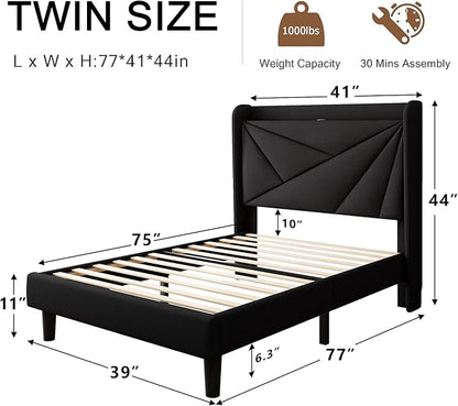 Twin Size Upholstered Bed Frame with Charging Station, Platform Bed Frame with Storage Headboard, Solid Wood Slats Support, No Box Spring Needed, Black