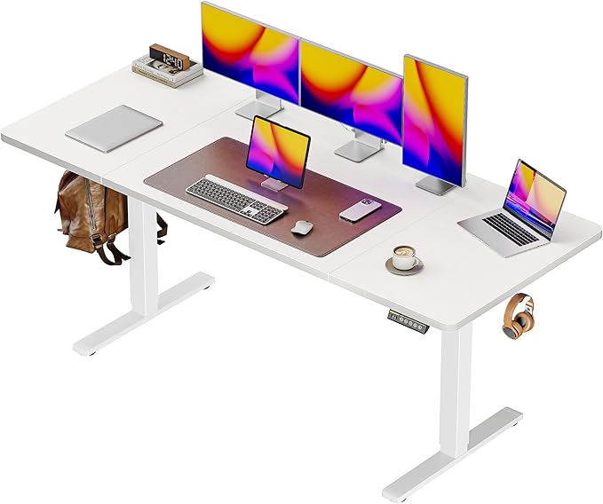 Huuger 63 x 28 Large Electric Standing Desk, Height Adjustable Computer Desk, 27.6" Deep Desktop, Stand up Gaming Office Table with 2 Hooks, 3 Preset Heights, for Home Office, White