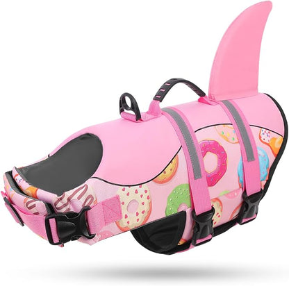 Dog Life Jacket, Dog Life Vest for Swimming, Doggie Shark Swimming Vest with Rescue Handle, Adjustable Reflective Pet Lifesaver Preserver for Small Dogs, Pink Donut S