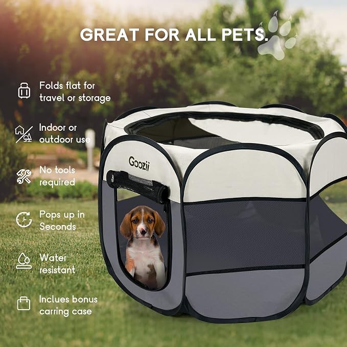 Goozii Pet Cat Playpen for Indoor Cats Enclosed, Puppy Dog Play Pen for Outdoor Travel Camping (Large Size, Beige & Dark Grey)