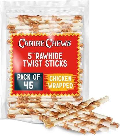 Canine Chews Chicken-Wrapped Rawhide Twists for Dogs - Pack of 45 U.S.A. Sourced Chicken Wrapped Rawhide Dog Treats, Sticks for Dogs - Premium & Natural Beefhide Chews