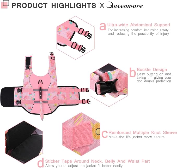 Dog Life Jacket High Flotation, Reflective Dog Life Vests for Swimming, Adjustable Dog Life Preserver Rescue Handle Spring Summer Pool for Small, Medium, Large Dogs (Pink Ice Cream,XXL)