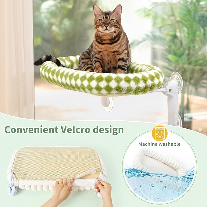 Sunhoo Cat Window Perch Bed Foldable Kitty Windowsill Hammock Shelf Seat Large Cats Suction Cup Indoor Kitten Window Sill Lounger with Soft Plush Cushion Machine Washable 21.26 * 11.8in (Green, M)