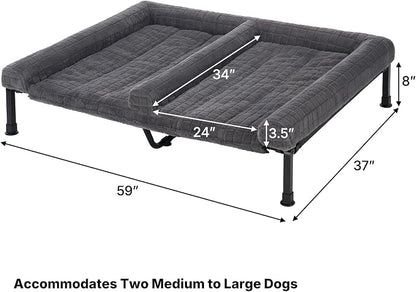 Veehoo Plush Double Dog Couch Bed for 2 Dogs, Washable Elevated Dog Bed | Cooling Raised Pet Cot with Removable Bolster Cushion, Breathable Mesh, No-Slip Feet, 59 x 37 inches, Grey