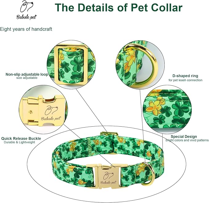 St. Patrick's Day Dog Collar for Large Dogs - Lucky Festival Dog Collars, Green Clover & Floral Pattern, Adjustable Heavy Duty Spring Dogs Collar with Metal Buckle XL