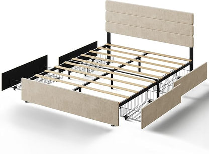 WLIVE Queen Size Upholstered Bed Frame with 4 Drawers and Velvet Square Tufted Headboard, Sturdy Metal & Wooden Slats Support, No Box Spring Needed, Easy Assembly, Beige