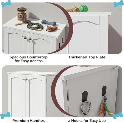 32" H Dog Feeding Station with Storage with Adjustable Shelves | Pet Food Storage Cabinet with 2 Elevated Bowls,Hooks & Letter Stickers,Hidden Dog Feeding Organizer for Cats and Dogs,White