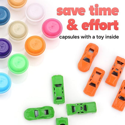 Racing Car Toys in Capsules - 50 Pcs - 1.1 Inch Plastic Capsules with Mini Racing Cars Toys for Kids inside - Bulk Easter Basket Stuffers Classroom Prizes