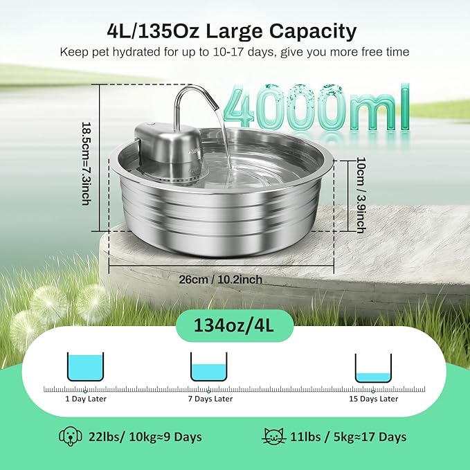 Cat Water Fountain, 4L/135OZ Stainless Steel Pet Fountain Dog Water Dispenser Bowl Cat Drinking Fountains Watering Supplies with Ultra-Quiet Pump for Cats, Dogs, Multiple Pets Indoor