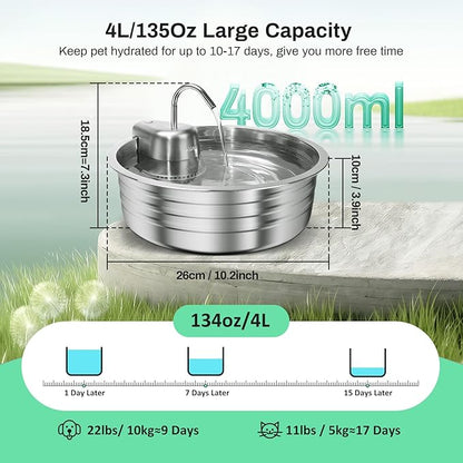 Cat Water Fountain, 4L/135OZ Stainless Steel Pet Fountain Dog Water Dispenser Bowl Cat Drinking Fountains Watering Supplies with Ultra-Quiet Pump for Cats, Dogs, Multiple Pets Indoor