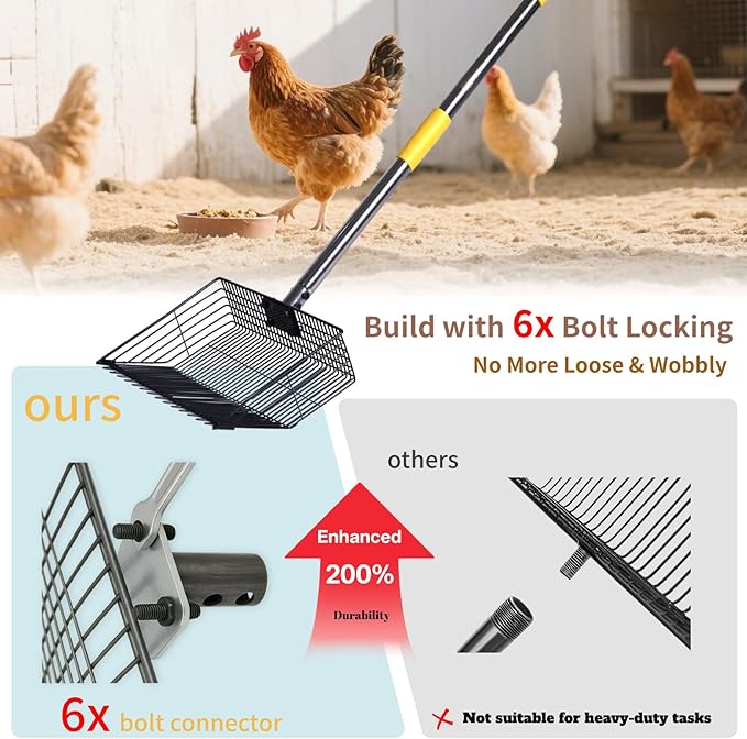 Chicken Coop Poop Scooper with Rake - Ergonomic 12" Sand Sifter Scoop, 65"Adjustable Long Handle, Heavy Duty Litter Pooper Cleaning Tool for Dust Bath,Chicken Run,Dog Yard, Farm Animals