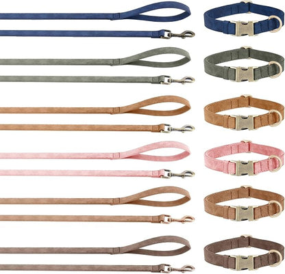 Genuine Leather Dog Collar - Adjustable Pet Collar with Quick Release Metal Buckle, Soft Skin Friendly Real Leather Collar for Small, Medium, Large Dogs (Dark Green Collar + Rope, S：Fit 8-16" Neck)