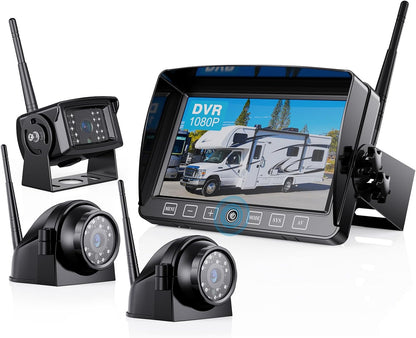 Wireless Backup Camera with 7 Inch DVR Quad Split Monitor for RV Trailer Truck, Digital Signal HD 1080P Wireless Rear Side View 3 Cameras Back Up System w/Recording 18 IR Night Vision (B3C)