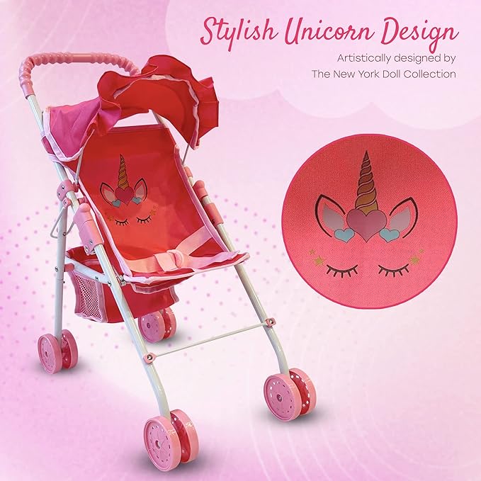 My First Baby Doll Stroller for Toddlers 3 Year Old Girls, Little Kids | Folding Baby Stroller for Dolls, Toy Stroller for Baby Dolls with Bottom Storage Basket, Foldable Frame, Canopy, Seatbelt