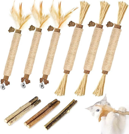 Tocirelo Catnip Toys Silvervine Sticks - 12Pack Natural Cat Chew Toys for Bored Indoor Cats Teeth Cleaning, Matatabi Sticks Treats with Feather and Bell, Kitten Teething Calming Products