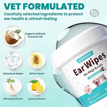 Ear Cleaner Wipes 120 Counts, Dog Ear Cleaner, Grooming Kit Care for Dogs and Cats, Soft & Easy Otic Cleaning Pads, Remove Wax, Dirt & Stop Smelly, Itchy, Non-Irritating, Coconut Scent
