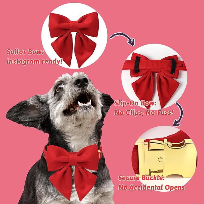 Maca Bates Red Dog Collar with Cute Solid Sailor Bow Tie for Extra Small Girl Boy Dogs,Girly Adjustbale Durable Breakaway Soft Collars with Bowtie for Female Male Puppy,Pet with Metal Buckle
