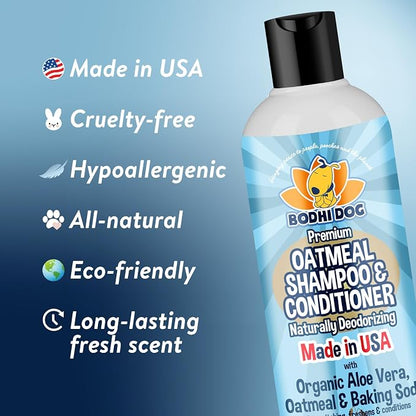 Bodhi Dog Oatmeal Shampoo & Conditioner - Hypoallergenic Formula - Naturally Deodorize Dogs, Cats & Pets - Made w/Organic Ingredients - Moisturizes Dry & Itchy Skin - Made in USA (Oatmeal, 8 Fl Oz)