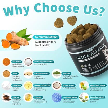 Dog Skin & Allergy Chews - Dog Probiotics for Sensitive Skin Health Support - Allergy Relief - Support Seasonal Allergies, Immune & Gut & Digestive Health Supplement - Chicken Flavor - 90 Count