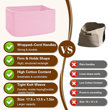 3 Pack Large Storage Basket for Organizing, 17.5"x13"x7" Woven Basket for Shelves, Closet Cube Storage Bins with Wrapped Handle, Cotton Rope Baskets for Kitchen, Clothes, Toys(Light Pink)