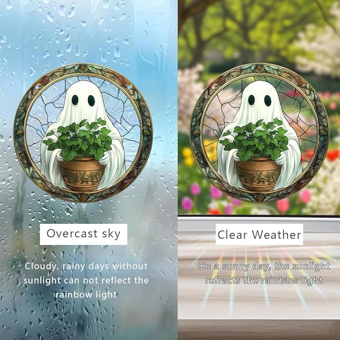 Halloween Sun Catcher - 8 Inch Round Suncatcher for Window Hanging Decoration - Creates Indoor Rainbows Light Refraction - Spooky Ghost, Witch, Pumpkin Design - Suction Cup Hook & Chain
