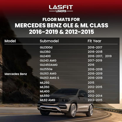 LASFIT Floor Mats for Mercedes Benz GLE 2016-2019 & ML Class 2012-2015 350/400 /63 AMG S, All Weather TPE Floor Liners Custom Fit GLE & ML Car Mats, 1st & 2nd Row, Black