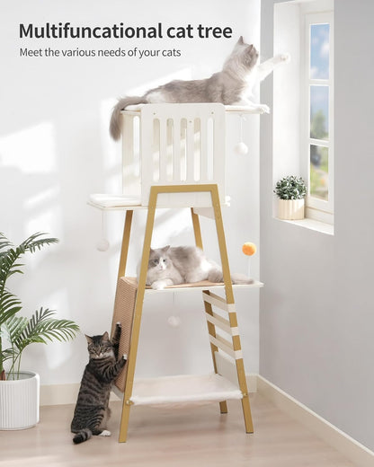 FourFurPets Modern Cat Tree, 58-Inch Cat Tower for Large Cats, Maine Coon Cat Tree with Scratching Board, Large Perch, Hammock and Removable Pads, White