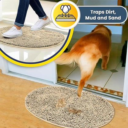 Muddy Mat® Shown on TV – Super Absorbent Microfiber Dog Door Mat for Muddy Paws, Non-Slip Washable Pet Rug, Quick Dry Chenille Entryway Carpet,Machine Washable Indoor Outdoor Mat, Beige Oval 5ft x 7ft