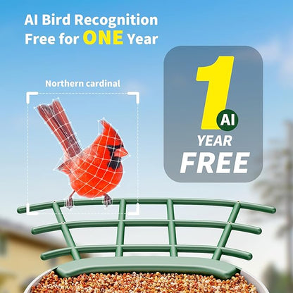 Bird Feeder with Camera, HD Birdwatching Camera with 1 Year Trial AI Identify, 4 DIY Add-ons, Smart Birds Cam with Solar Panel for Outdoor, Auto Record Videos, Gift for Bird Lover