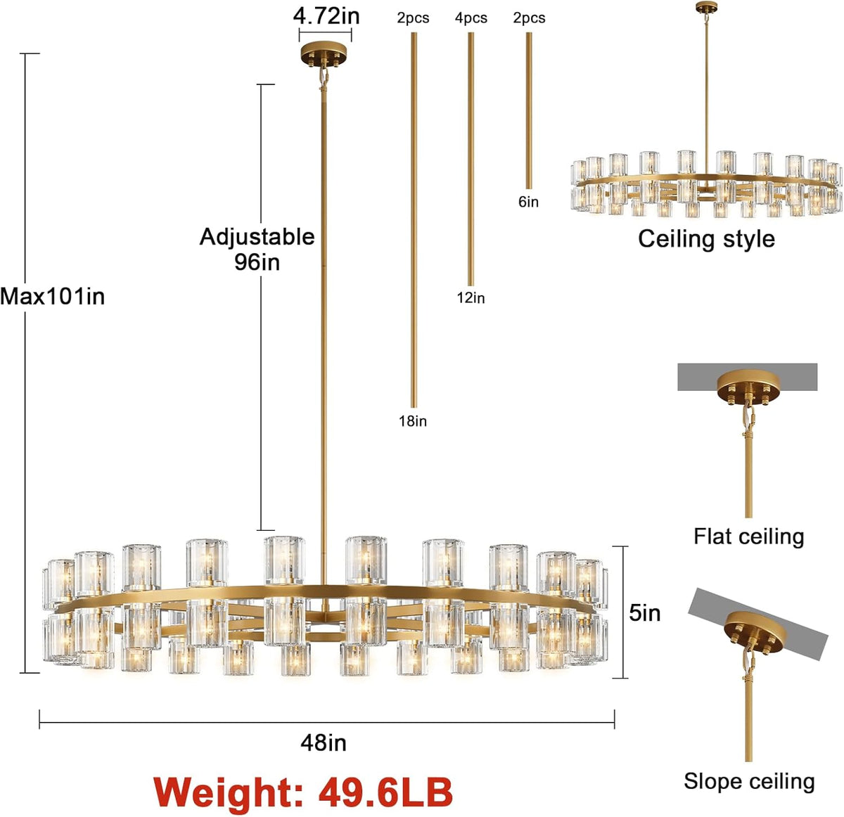Modern 48 inch Gold Round Chandelier Light Fixture,Crystal Chandeliers for Dining Room,Living Room, Wagon Wheel Chandelier Over Table, Chandeliers for Bedroom,Foyer,G4 Bulbs Included