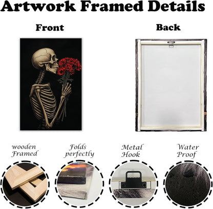 OAAPITI Red Rose Skull Wall Art Dark Themed Skeleton Painting Modern Artwork for Gothic Home Decor(Artwork-5,12"x18")